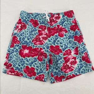 Trunks Surf & Swim Shorts Mens Small Hawaiian Flower Blue Red Mesh Liner
